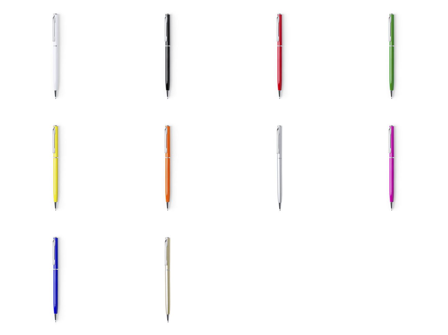 Caneta metálica dourada em alumínio com gravação laser “Vtote”, fotografada em estúdio sobre fundo escuro, com acabamento brilhante e acessórios cromados.