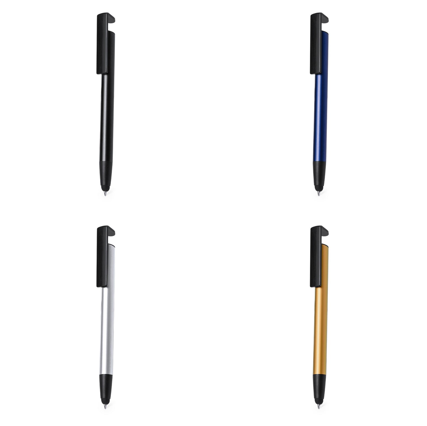 Caneta dourada em alumínio com clip preto e gravação laser “Vtote”, com suporte para telemóvel integrado, fotografada em fundo escuro com iluminação de estúdio.