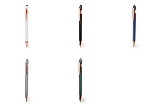 Caneta preta em alumínio com acabamento mate e detalhes acobreados, gravação laser “Vtote” e ponteiro preto na parte superior, fotografada em estúdio com fundo neutro.