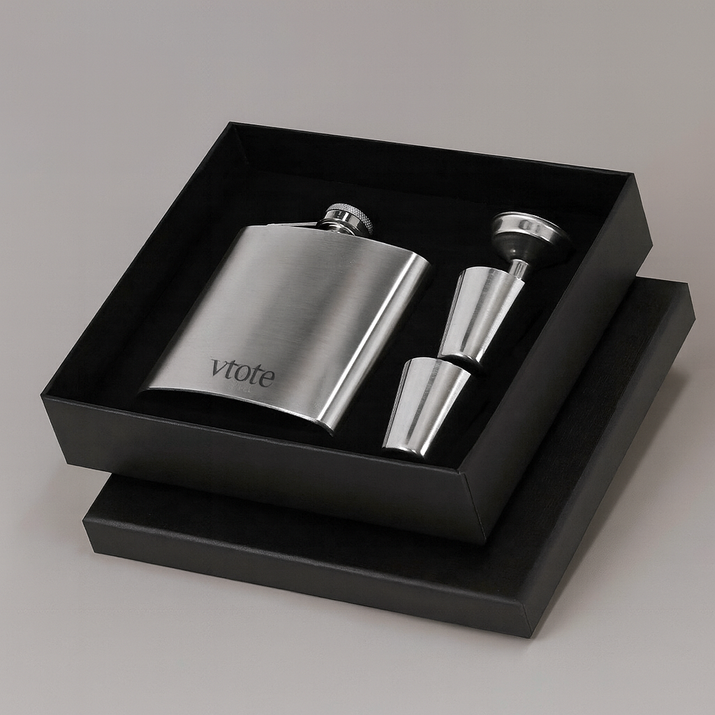 Conjunto de cantil em aço inoxidável reciclado com 4 acessórios. Design elegante e sustentável, ideal para presente. Inclui copos, funil e caixa preta premium.