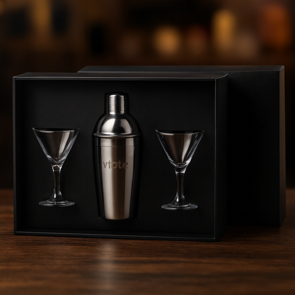 Conjunto de cocktail premium com shaker em aço inox e dois copos de vidro