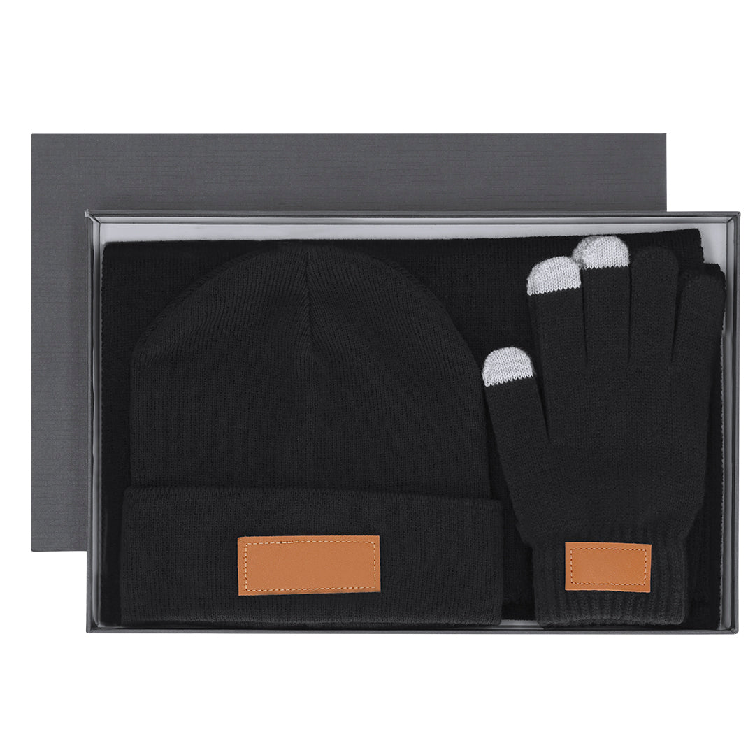 Conjunto de inverno com gorro, cachecol e luvas táteis em acrílico macio. Personalizável com gravação a laser. Presente elegante e funcional da Vtote.