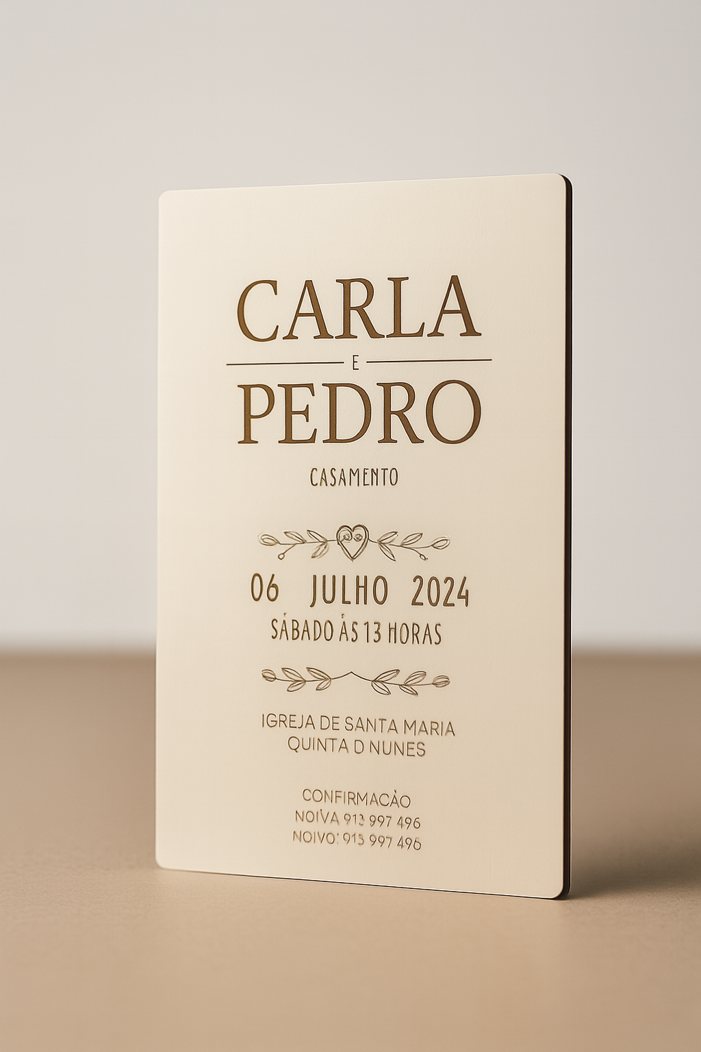 Convite de casamento gravado em madeira com nomes “Carla e Pedro”, data e local gravados a laser, estilo clássico e limpo.