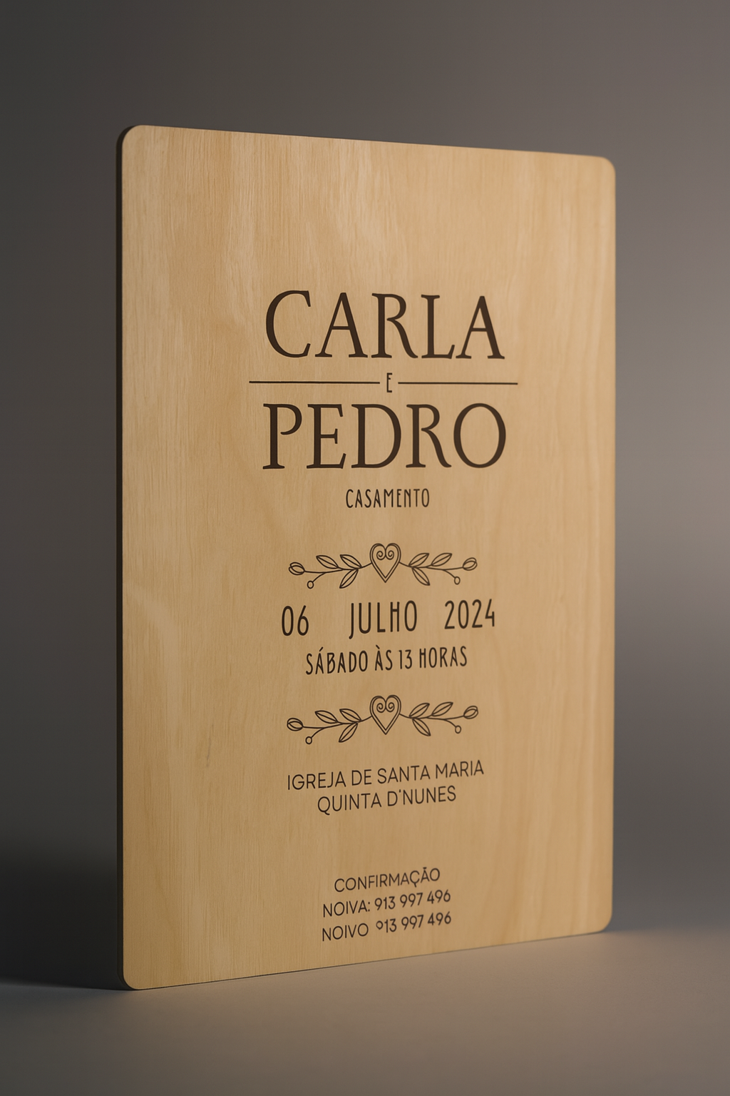 Convite de casamento gravado em madeira com nomes “Carla e Pedro”, data e local gravados a laser, estilo clássico e limpo.