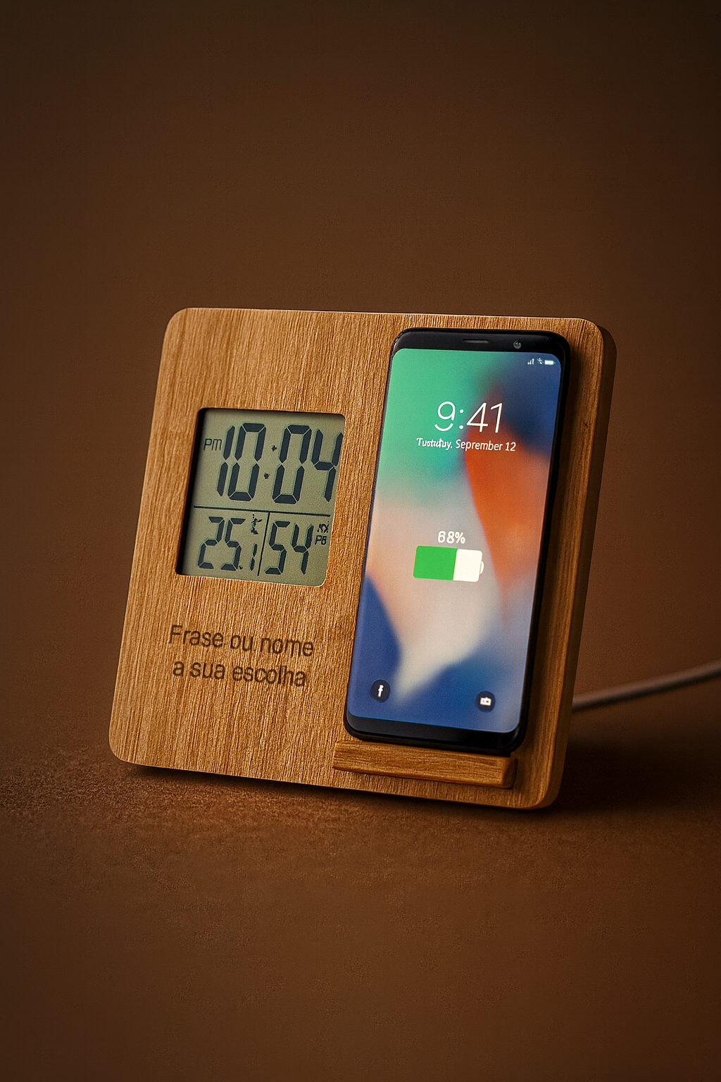 Estação meteorológica em bambu natural com carregador sem fios de 10W integrado, termómetro, higrómetro e relógio digital. Design elegante e ecológico – ideal para escritório ou presente sustentável.