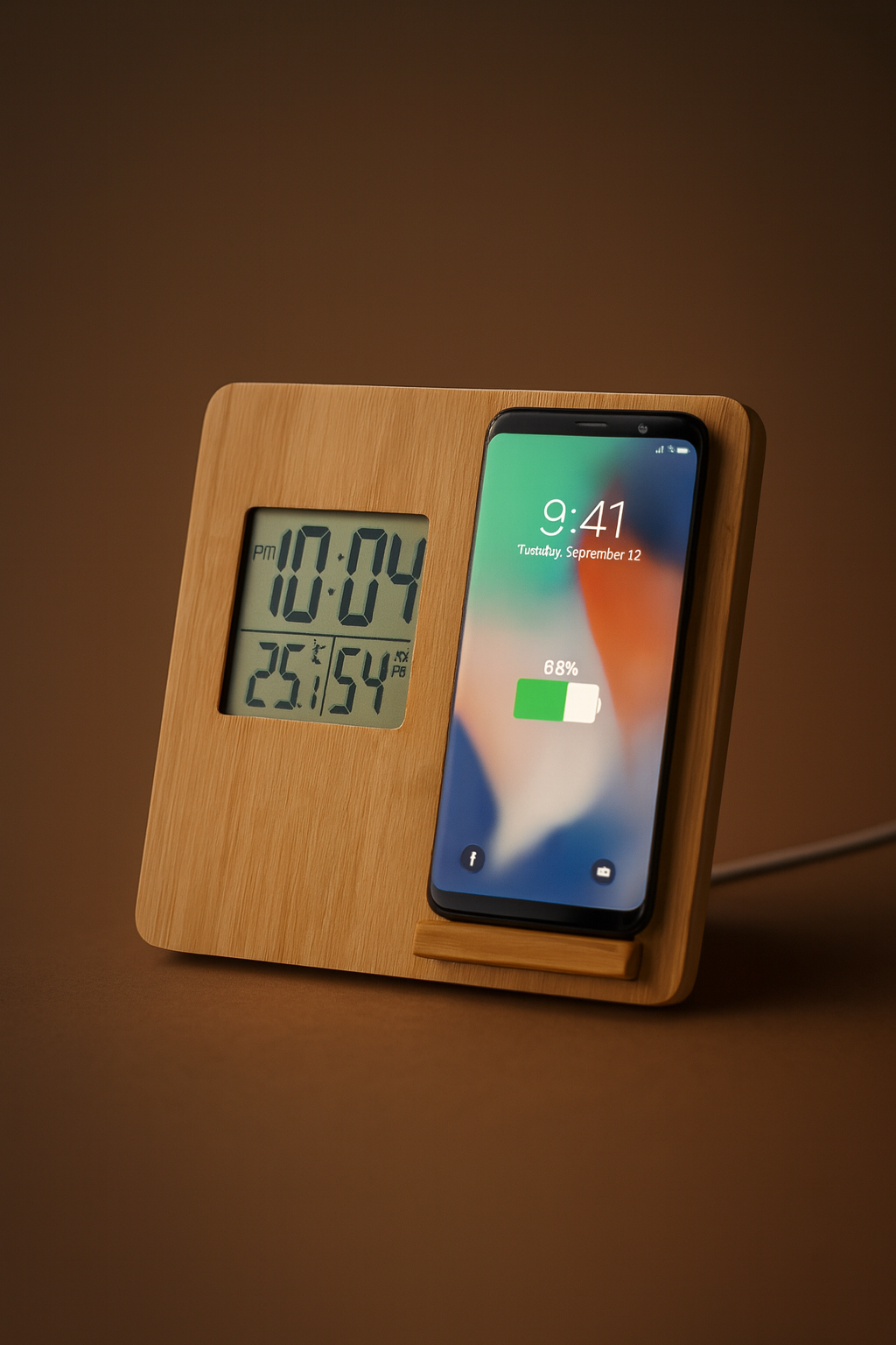 Estação meteorológica em bambu natural com carregador sem fios de 10W integrado, termómetro, higrómetro e relógio digital. Design elegante e ecológico – ideal para escritório ou presente sustentável.