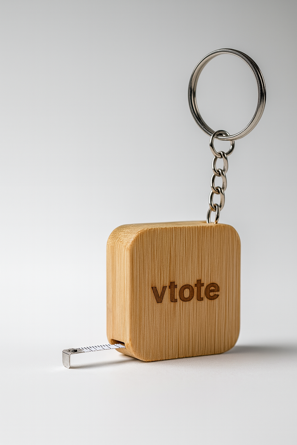 Porta-chaves com fita métrica de 1 metro em bambu natural, com gravação "vtote" e escala em centímetros.