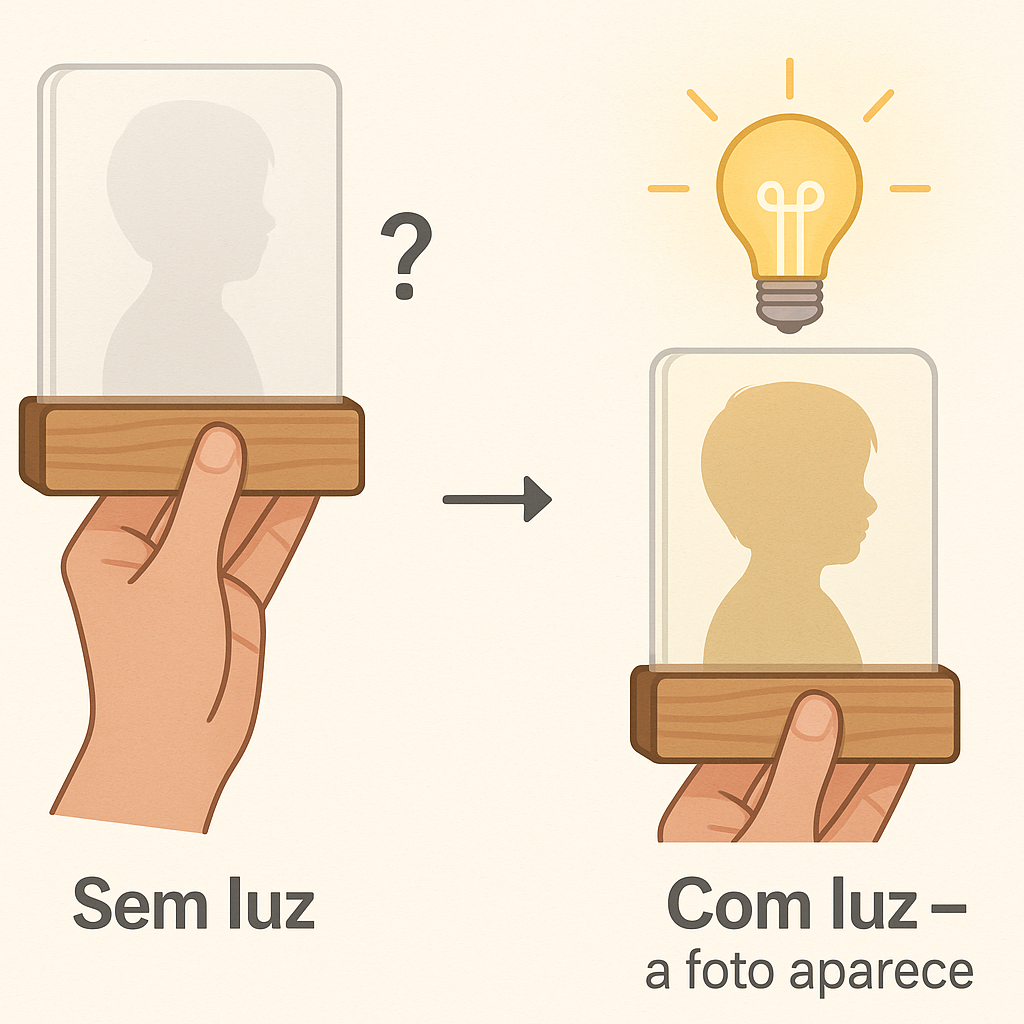 Lembrança de batismo personalizada com retrato gravado em acrílico e base em madeira com nome e data