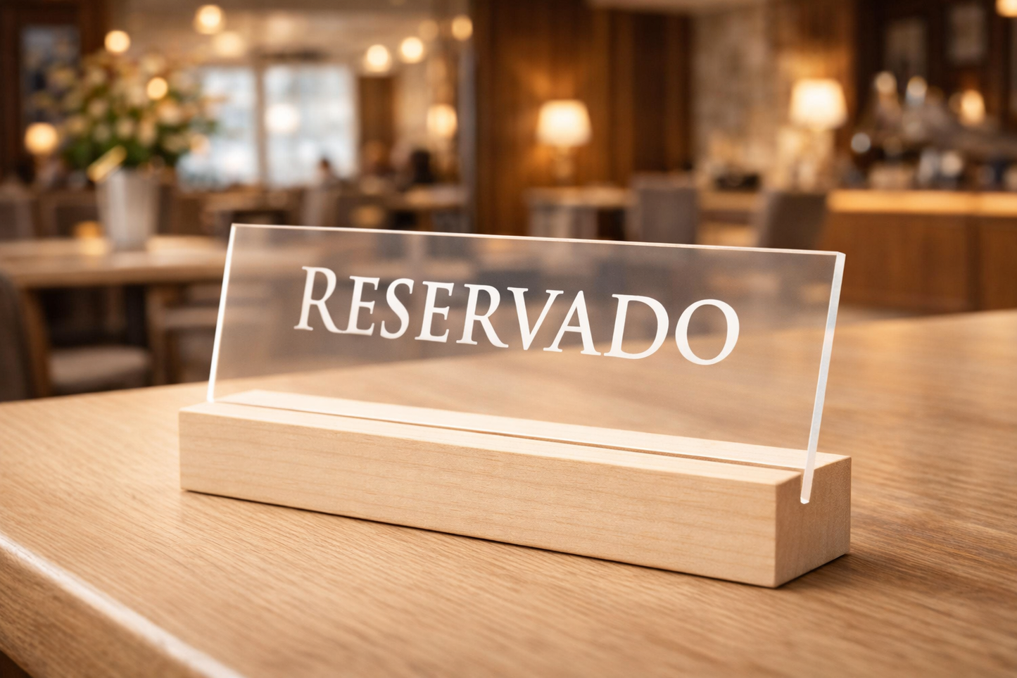 Placa Reservado em acrílico transparente com base em madeira natural personalizada para restaurante