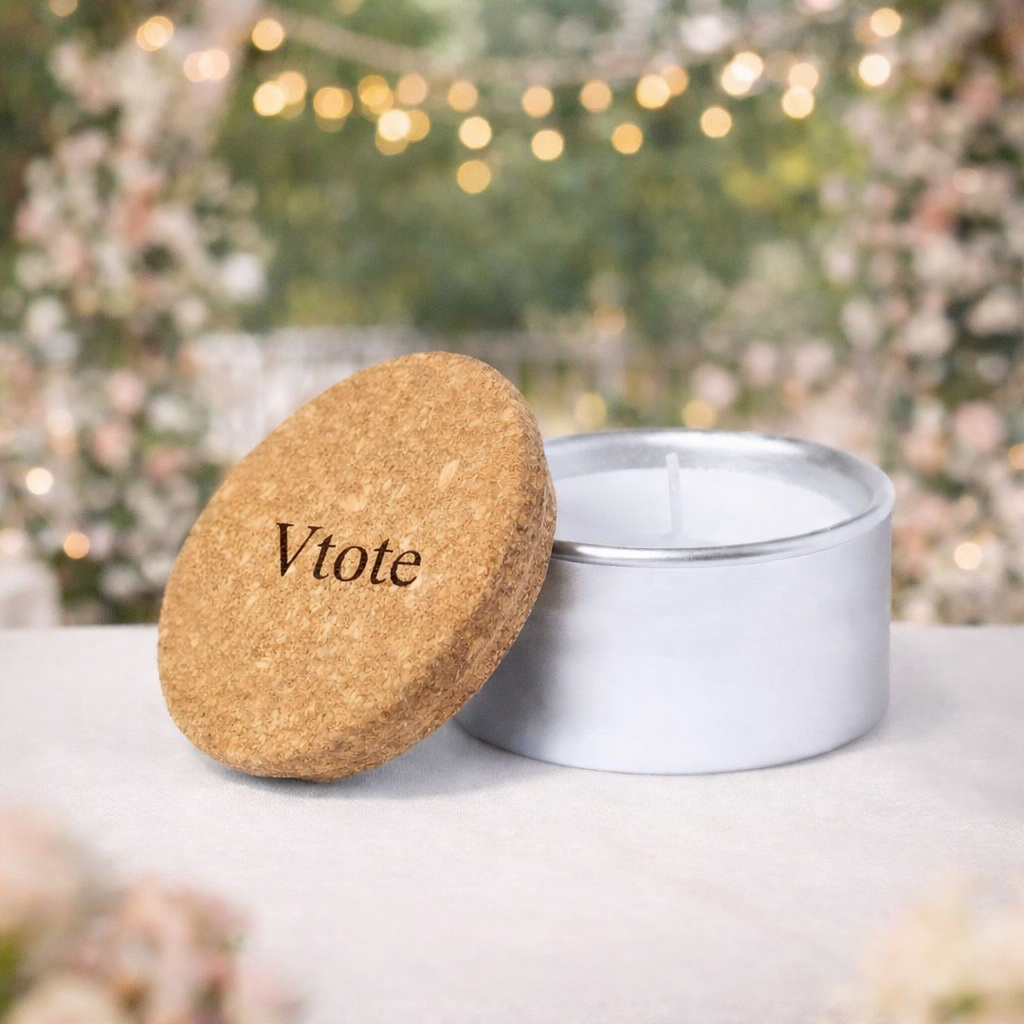 Vela aromática de baunilha em recipiente de alumínio com tampa em cortiça natural personalizada