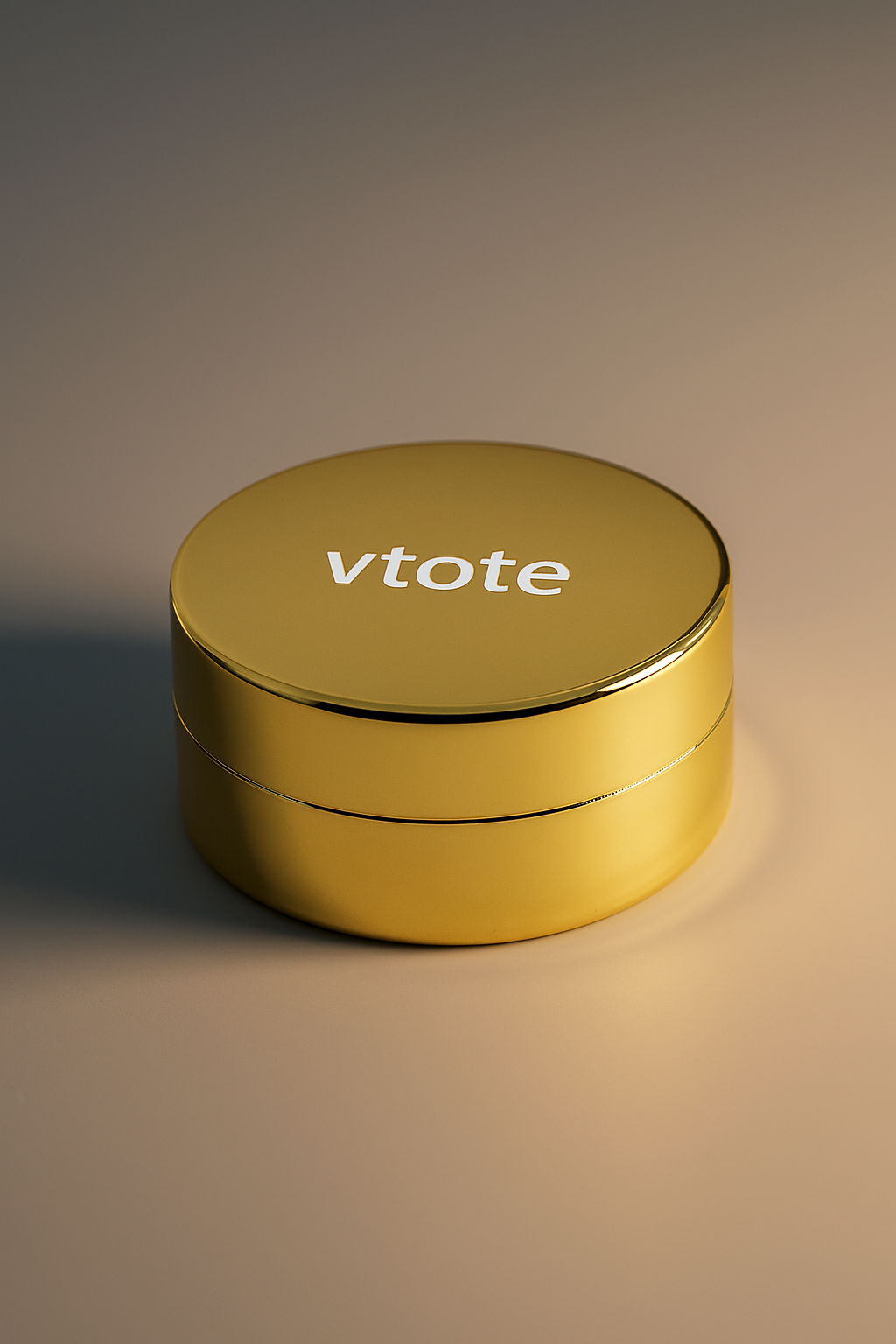 Bálsamo labial dourado metálico com gravação “Vtote”, tampa de rosca e acabamento brilhante, fotografado em fundo neutro de estúdio com luz suave.