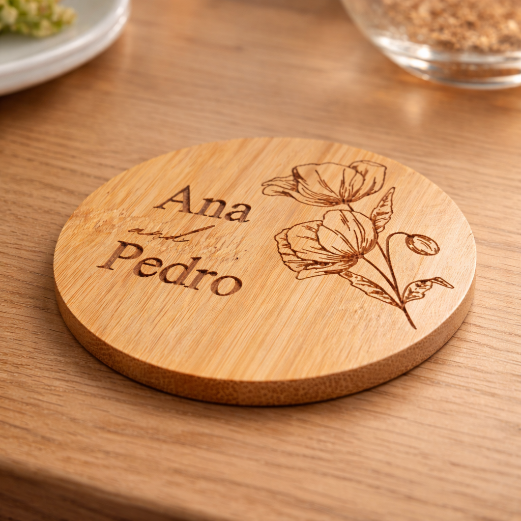 Base para copos em bambu personalizada com gravação laser e nome Ana e Pedro