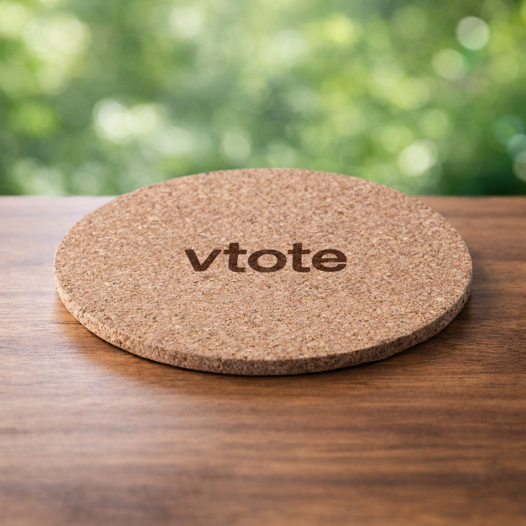 Base para copos em cortiça natural com gravação laser Vtote sobre mesa de madeira