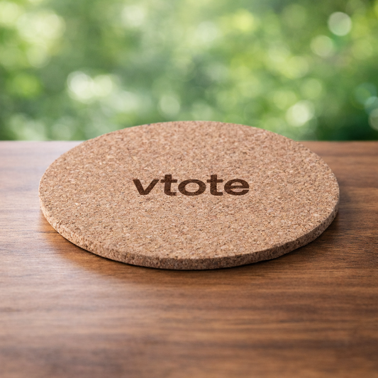 Base para copos em cortiça natural com gravação laser Vtote sobre mesa de madeira