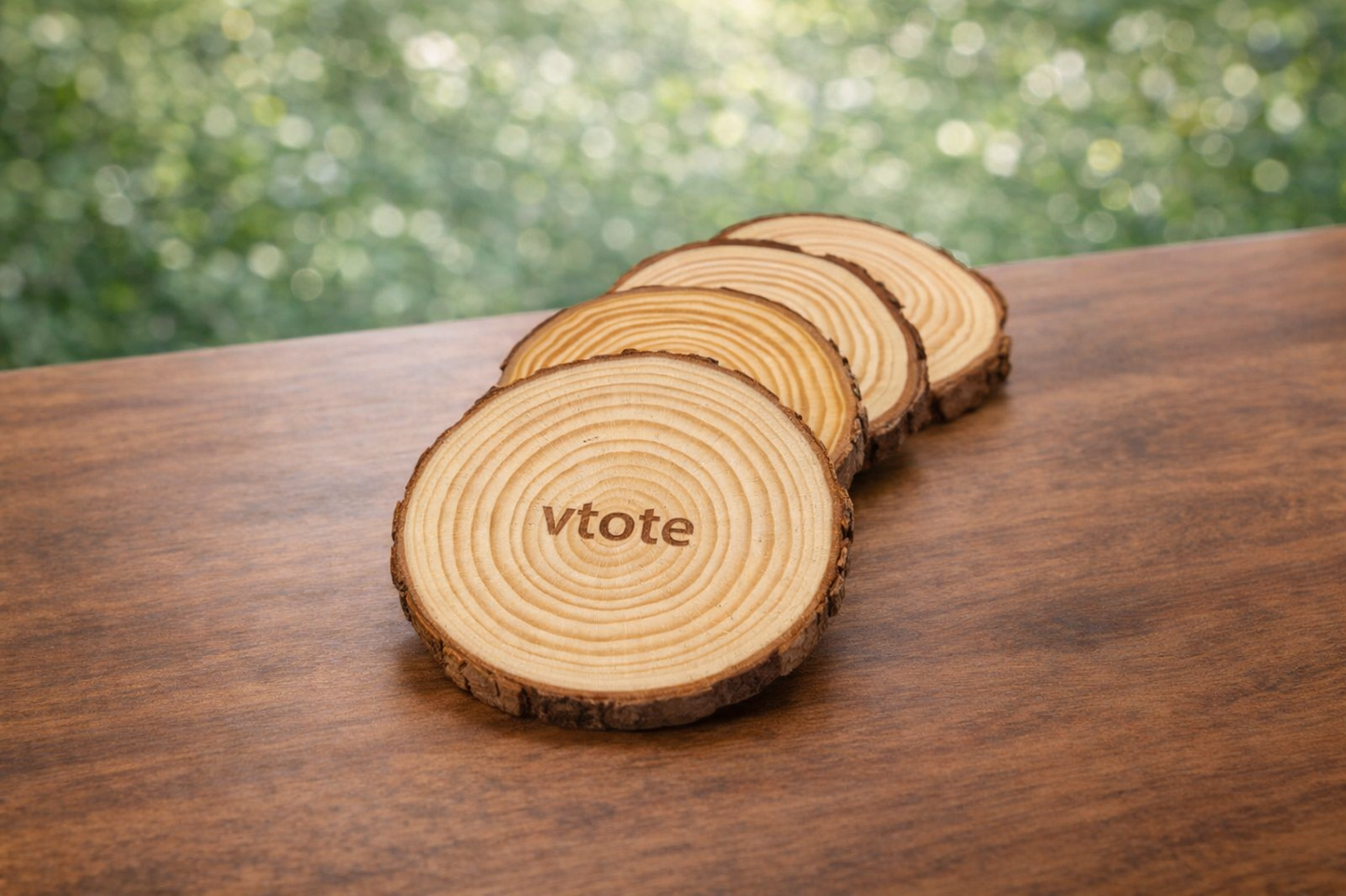 Conjunto de 4 bases para copos em madeira de pinheiro natural com gravação laser Vtote e acabamento rústico