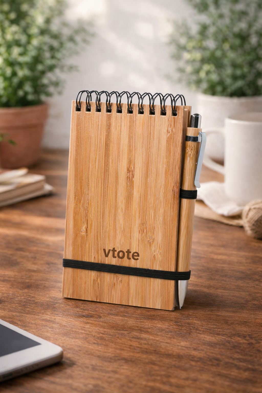 Bloco de notas em bambu com capa rígida e caneta incluída personalizado com gravação laser Vtote