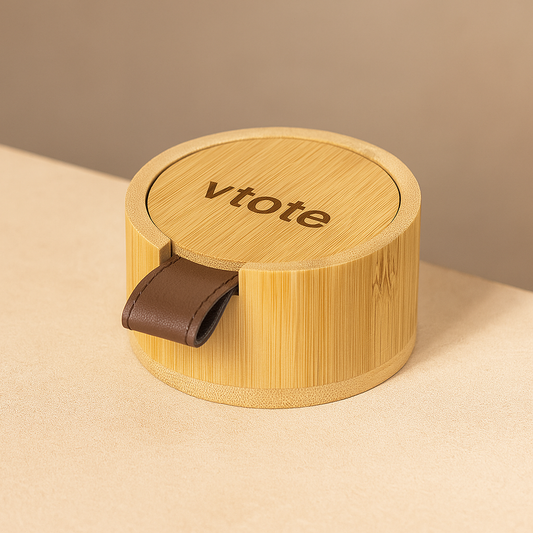 Caixa de joias em bambu natural com tampa e pega em PU castanho, gravação laser “Vtote” na tampa e espelho interior, fotografada em fundo neutro com iluminação suave.