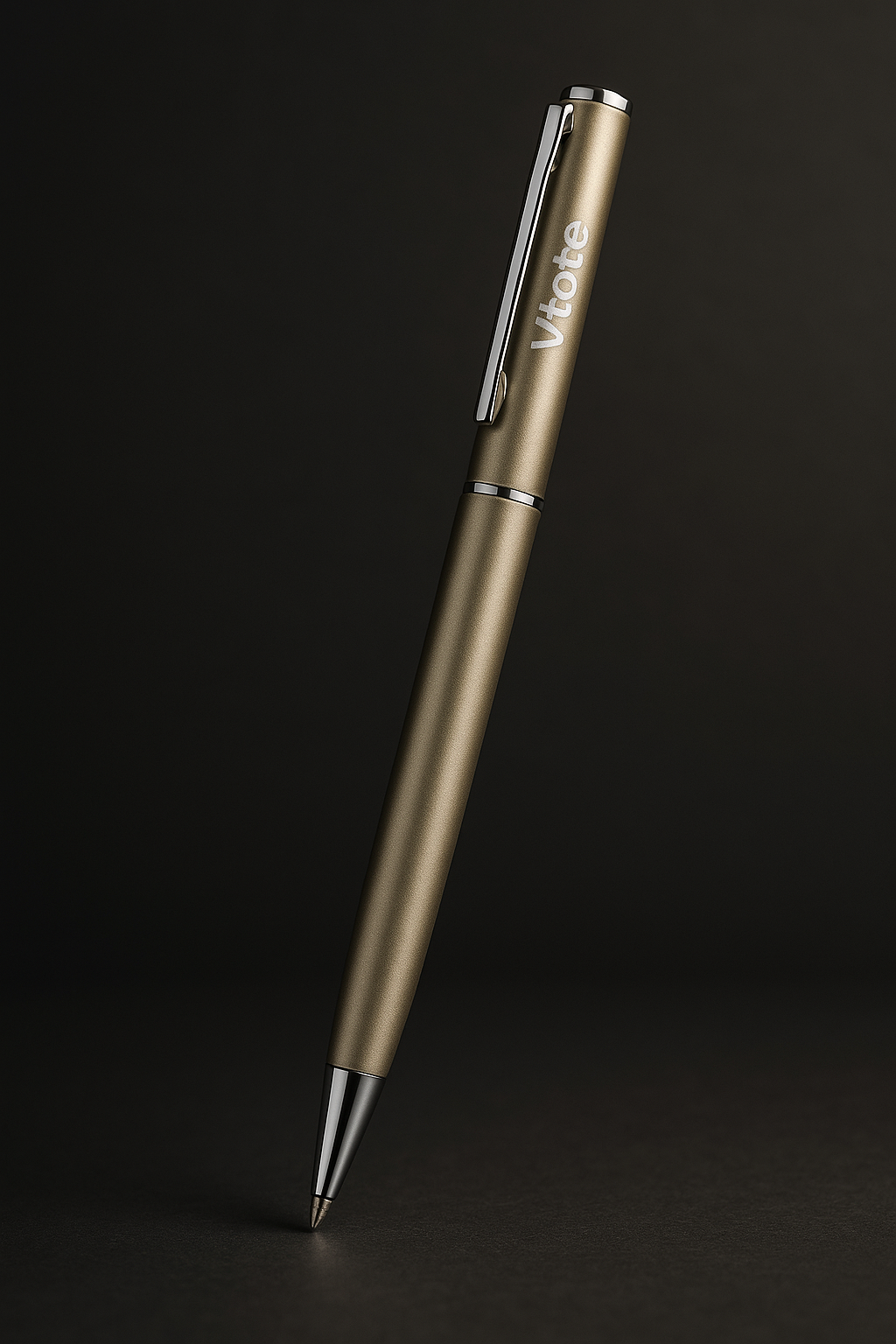 Caneta metálica dourada em alumínio com gravação laser “Vtote”, fotografada em estúdio sobre fundo escuro, com acabamento brilhante e acessórios cromados.