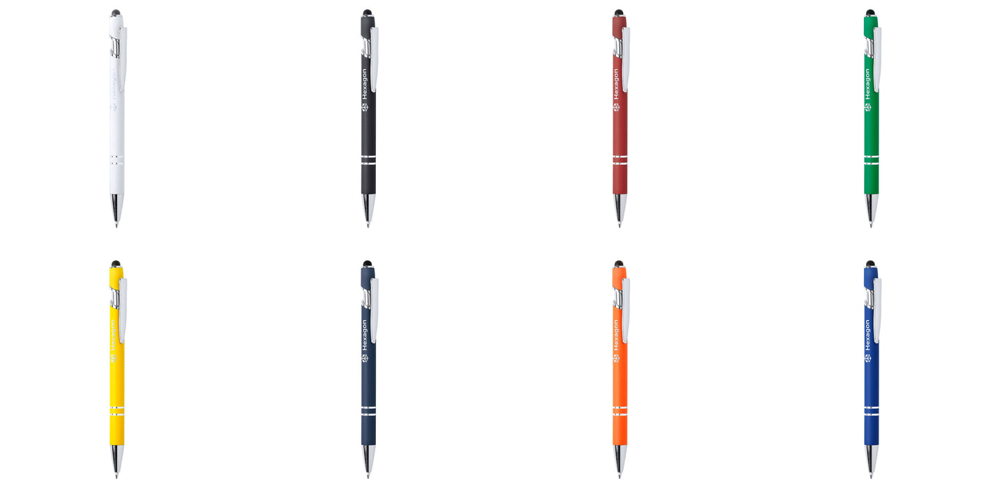 Caneta metálica vermelha com acabamento aborrachado, gravação laser “Vtote” em tom prateado e acessórios cromados, vista em mockup profissional de estúdio.