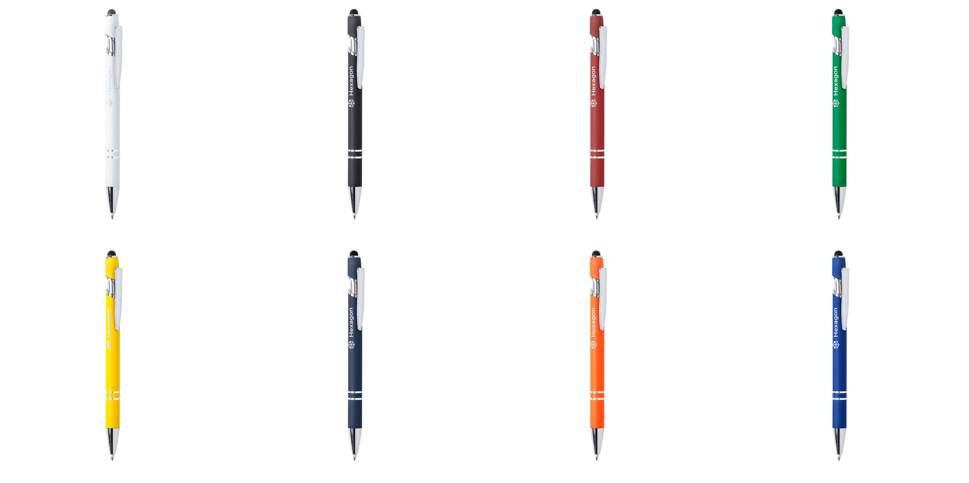 Caneta metálica vermelha com acabamento aborrachado, gravação laser “Vtote” em tom prateado e acessórios cromados, vista em mockup profissional de estúdio.