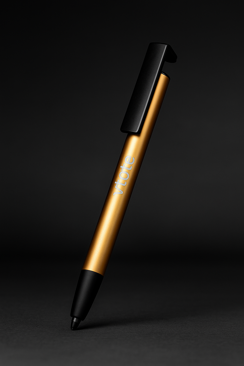 Caneta dourada em alumínio com clip preto e gravação laser “Vtote”, com suporte para telemóvel integrado, fotografada em fundo escuro com iluminação de estúdio.
