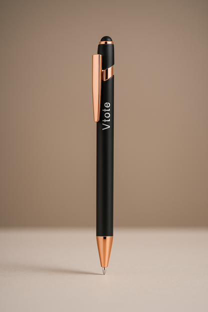 Caneta preta em alumínio com acabamento mate e detalhes acobreados, gravação laser “Vtote” e ponteiro preto na parte superior, fotografada em estúdio com fundo neutro.