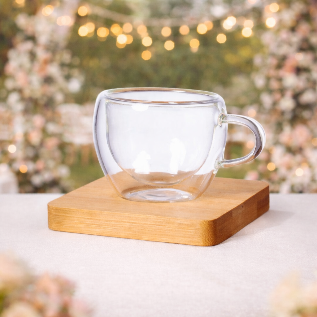 Set de 2 chávenas de vidro de parede dupla 60ml com bases em bambu personalizáveis para lembranças de casamento