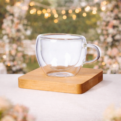 Set de 2 chávenas de vidro de parede dupla 60ml com bases em bambu personalizáveis para lembranças de casamento