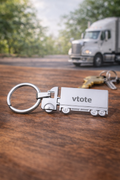 Chaveiro metálico em forma de caminhão com gravação laser personalizada Vtote para empresas de transporte