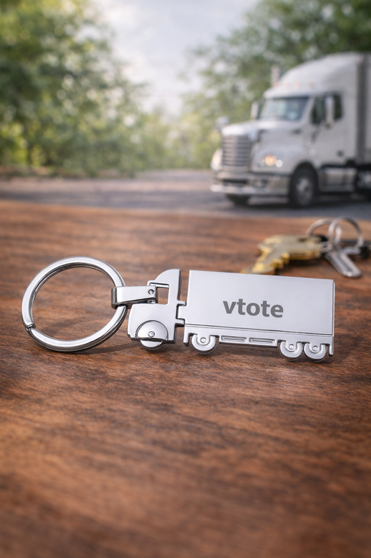 Chaveiro metálico em forma de caminhão com gravação laser personalizada Vtote para empresas de transporte
