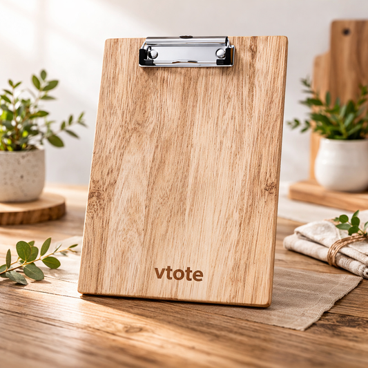 Prancheta A4 em madeira natural com gravação laser personalizada Vtote e pinça metálica resistente