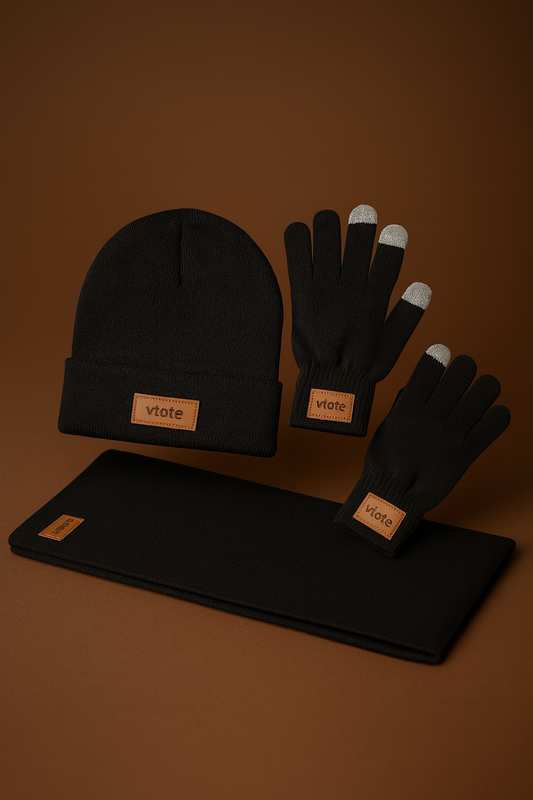 Conjunto de inverno com gorro, cachecol e luvas táteis em acrílico macio. Personalizável com gravação a laser. Presente elegante e funcional da Vtote.