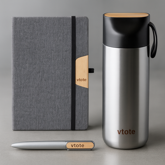 Conjunto premium com garrafa térmica de 640 ml, bloco de notas e caneta com detalhes em bambu. Design elegante, funcional e sustentável. Apresentado em estojo rígido magnético.