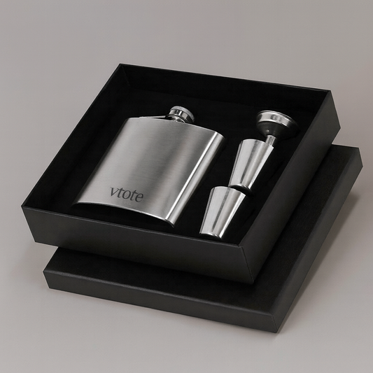 Conjunto de cantil em aço inoxidável reciclado com 4 acessórios. Design elegante e sustentável, ideal para presente. Inclui copos, funil e caixa preta premium.