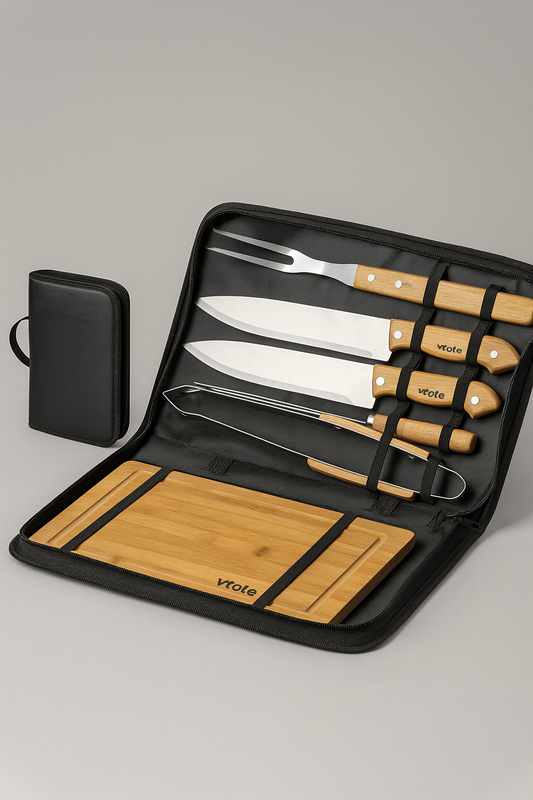 Conjunto de churrasco de 6 peças com cabos em madeira, tábua de bambu e lâminas em aço inox. Estojo resistente incluído. Ideal para presentes e amantes de grelhados.