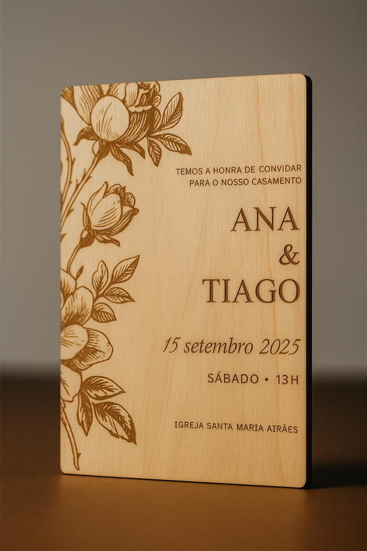 Convite de casamento em madeira gravado a laser com flores e nomes “Ana & Tiago” – estilo rústico e elegante