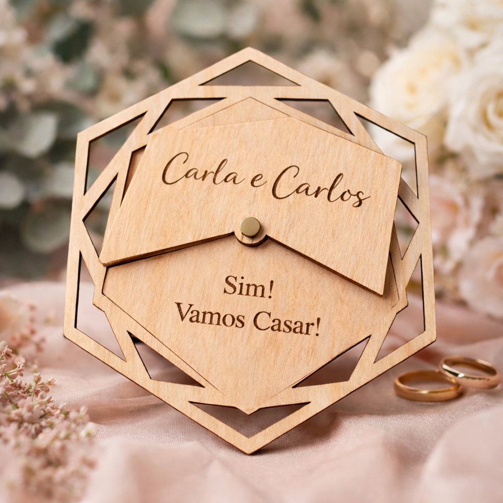 Convite de casamento interativo em madeira bétula com sistema giratório e gravação a laser personalizada