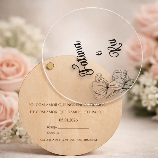 Convite de casamento redondo em madeira bétula com acrílico transparente rotativo, gravado a laser, design floral elegante e personalização dos noivos