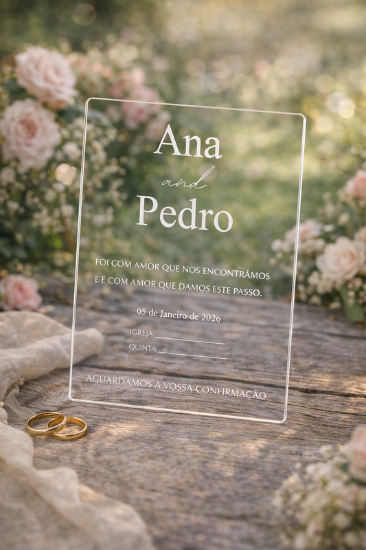 Convite de casamento em acrílico transparente gravado a laser com nomes personalizados, design elegante e acabamento premium