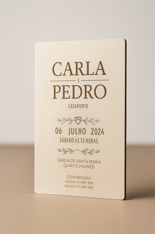 Convite de casamento gravado em madeira com nomes “Carla e Pedro”, data e local gravados a laser, estilo clássico e limpo.