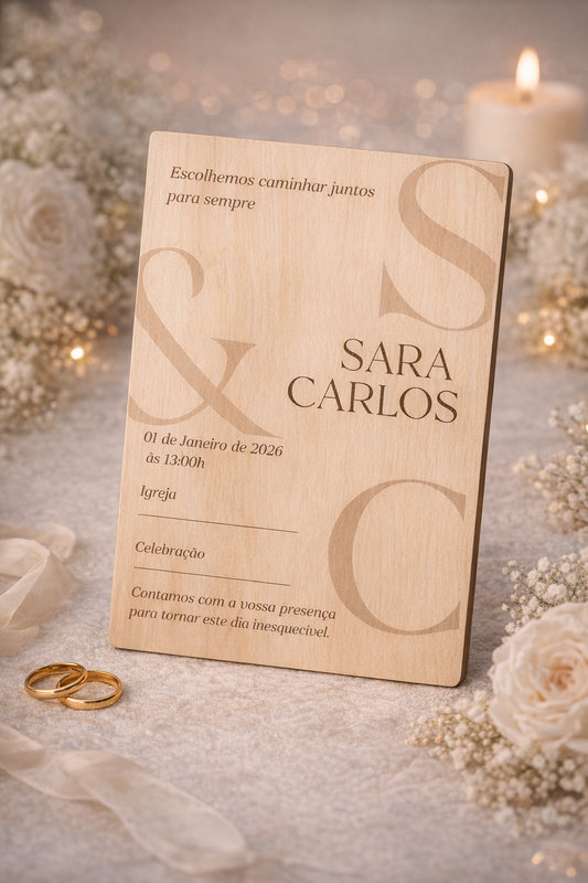 Convite de casamento em madeira bétula gravado a laser com design tipográfico elegante e iniciais dos noivos