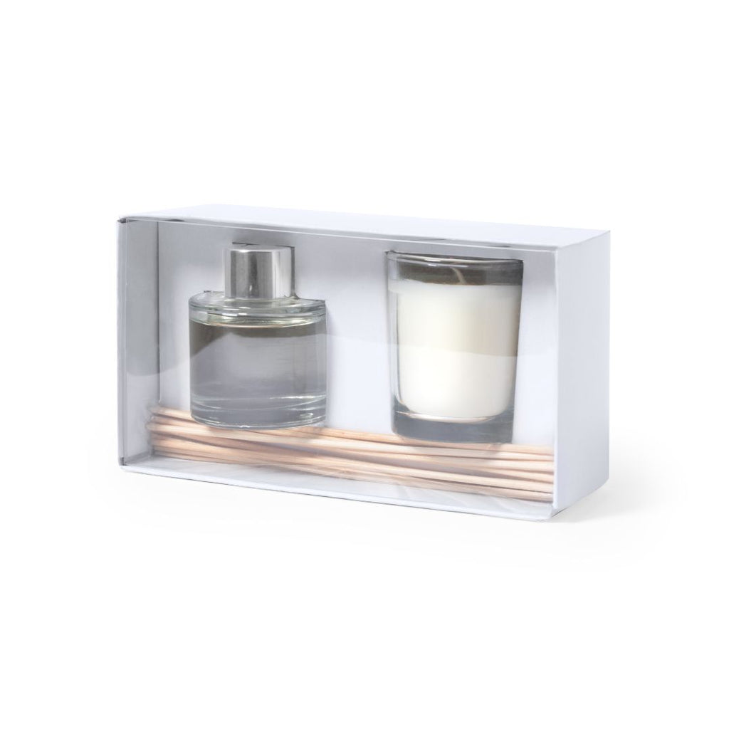 Conjunto aromático com difusor de jasmim 50ml com varetas e vela de baunilha em frascos de vidro