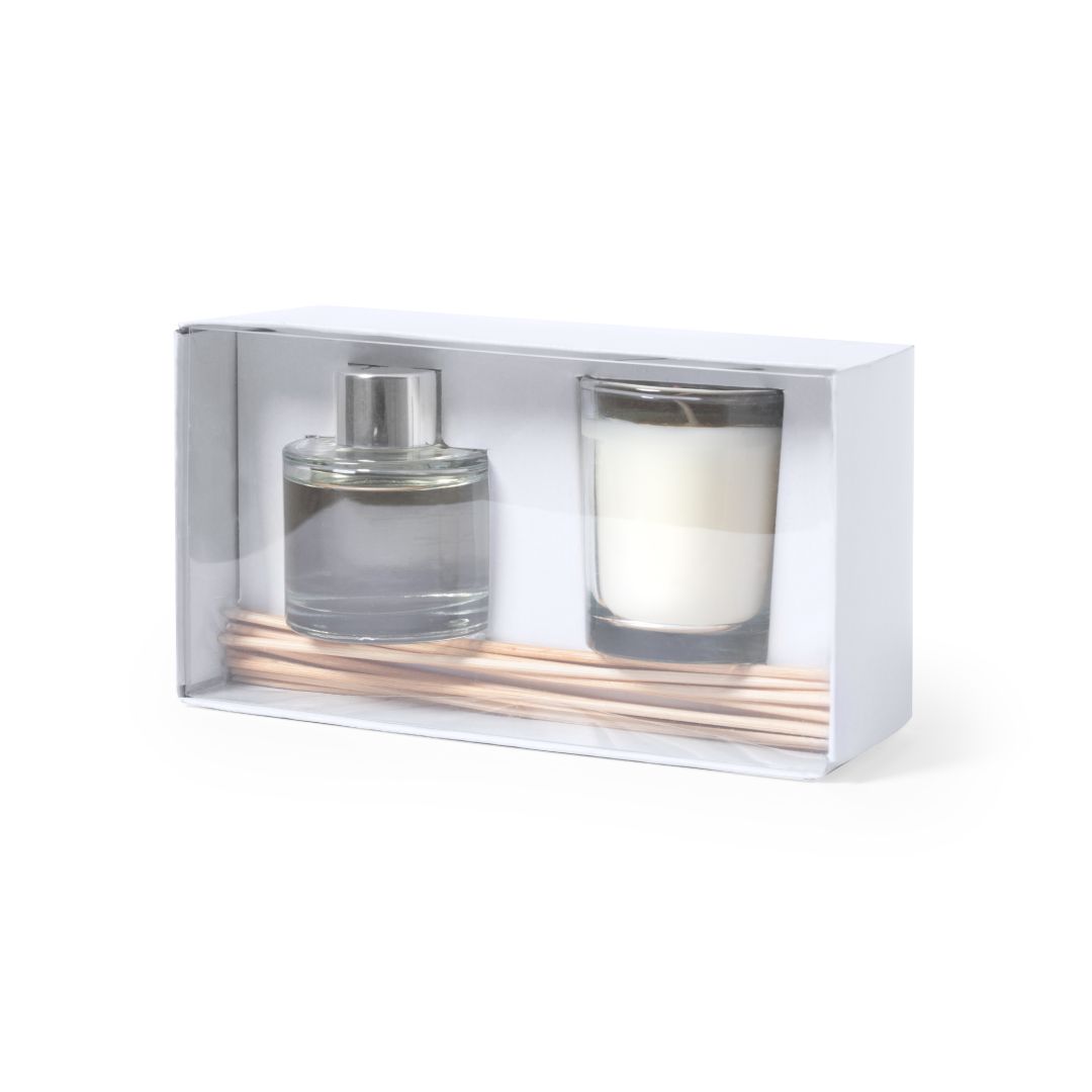 Conjunto aromático com difusor de jasmim 50ml com varetas e vela de baunilha em frascos de vidro