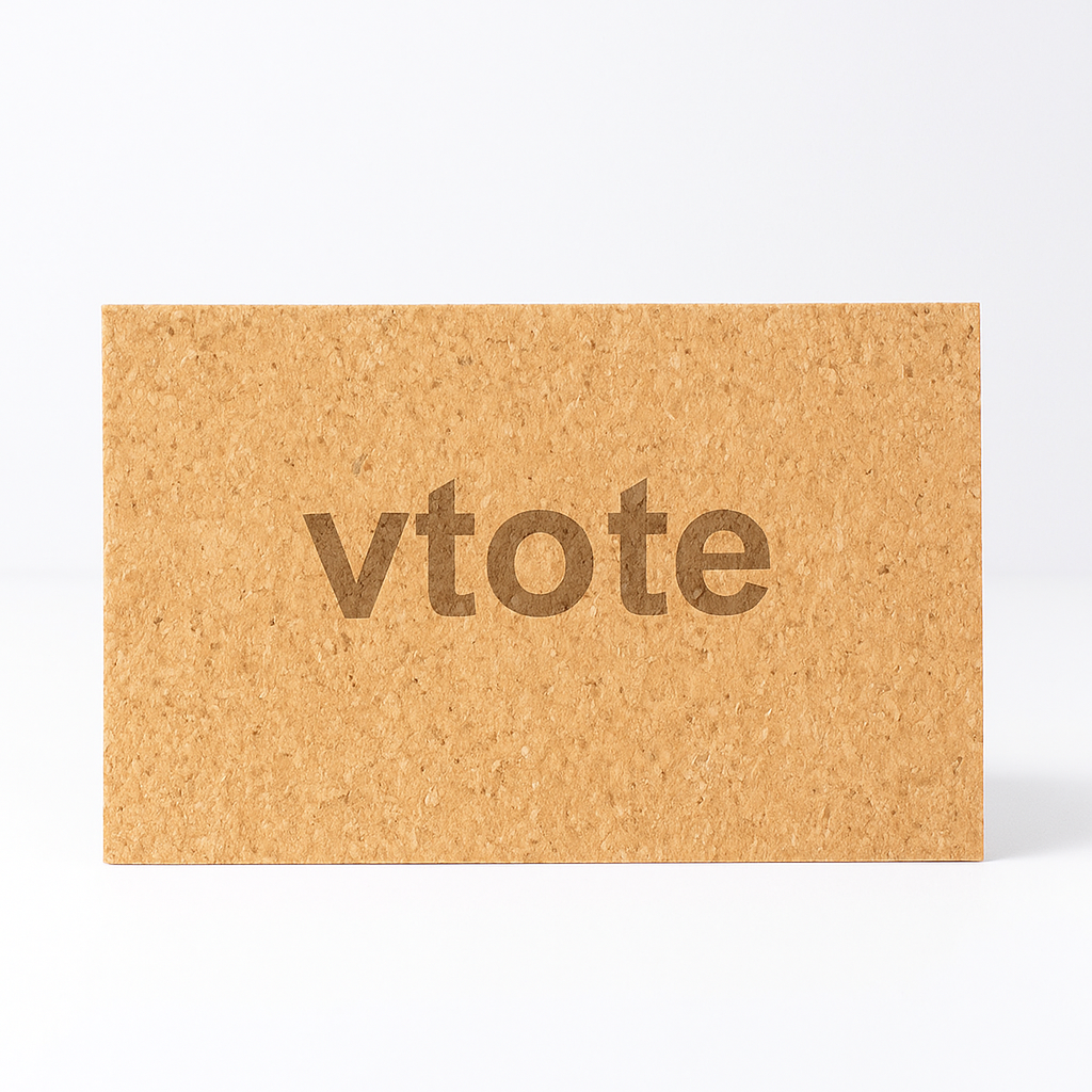 Espelho dobrável em cortiça natural com gravação laser “Vtote”, aberto em posição de suporte sobre fundo neutro, com textura suave e design sustentável.