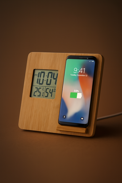 Estação meteorológica em bambu natural com carregador sem fios de 10W integrado, termómetro, higrómetro e relógio digital. Design elegante e ecológico – ideal para escritório ou presente sustentável.