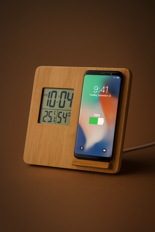 Estação meteorológica em bambu natural com carregador sem fios de 10W integrado, termómetro, higrómetro e relógio digital. Design elegante e ecológico – ideal para escritório ou presente sustentável.