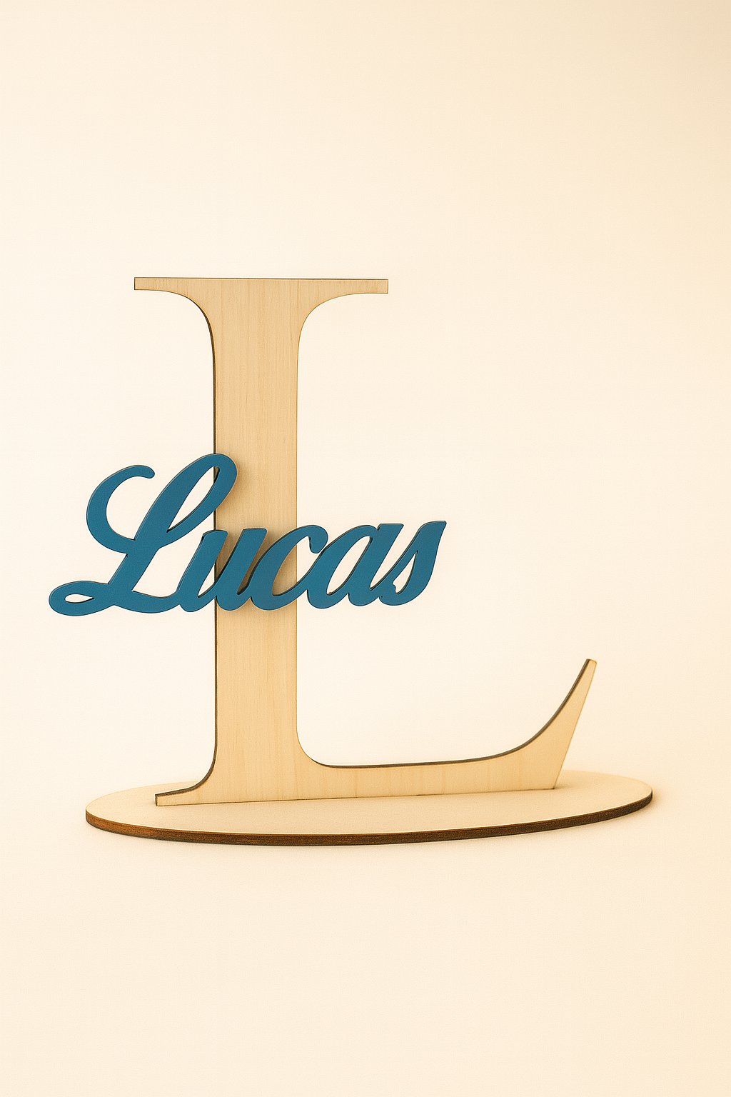 Inicial em madeira com nome “Lucas” em MDF pintado de azul, decoração personalizada para quartos infantis.
