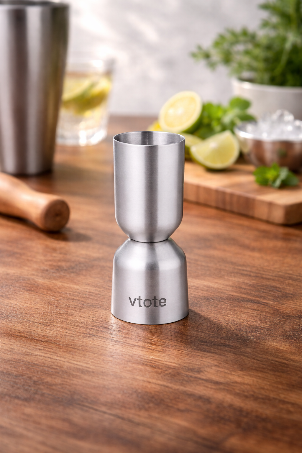 Medidor de bebidas em aço inox mate com gravação laser personalizada Vtote para bares e mixologia