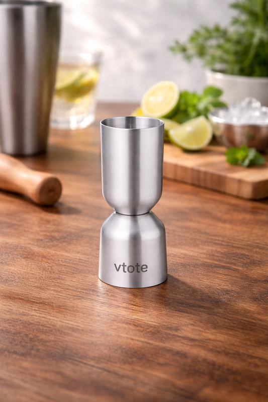 Medidor de bebidas em aço inox mate com gravação laser personalizada Vtote para bares e mixologia