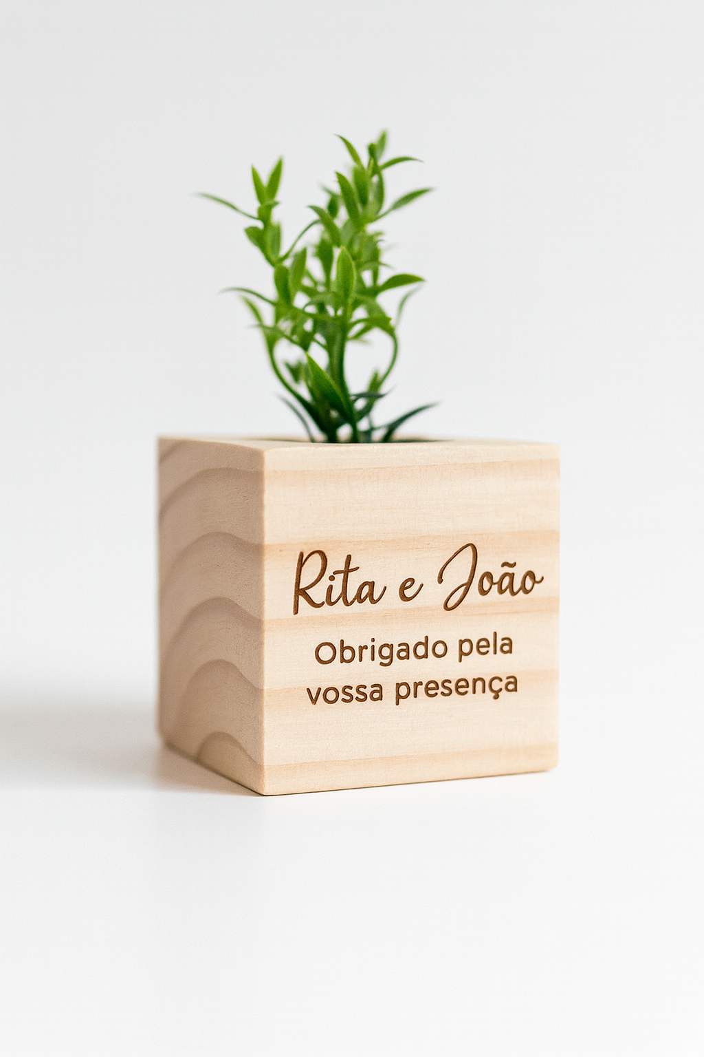 Mini vaso de madeira natural com suculenta decorativa e gravação a laser “Rita e João – Obrigado pela vossa presença